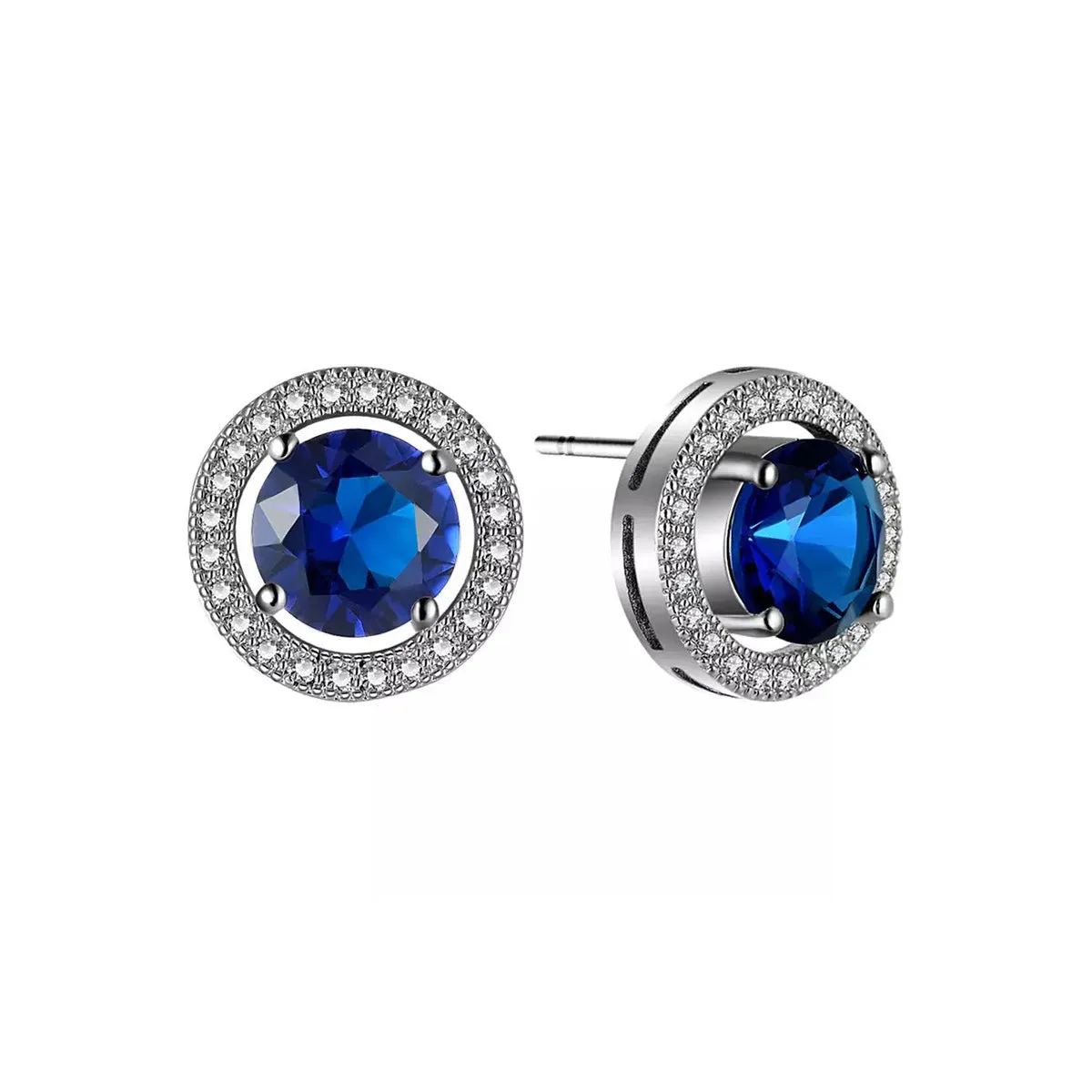 10k White Gold Plated  Ct Round Created Blue Crystal Halo Stud Earrings