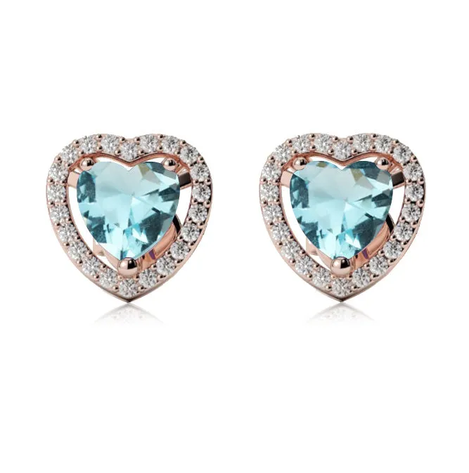 14k Rose Gold Plated 1 Ct Created Halo Heart Aquamarine Stud Earrings