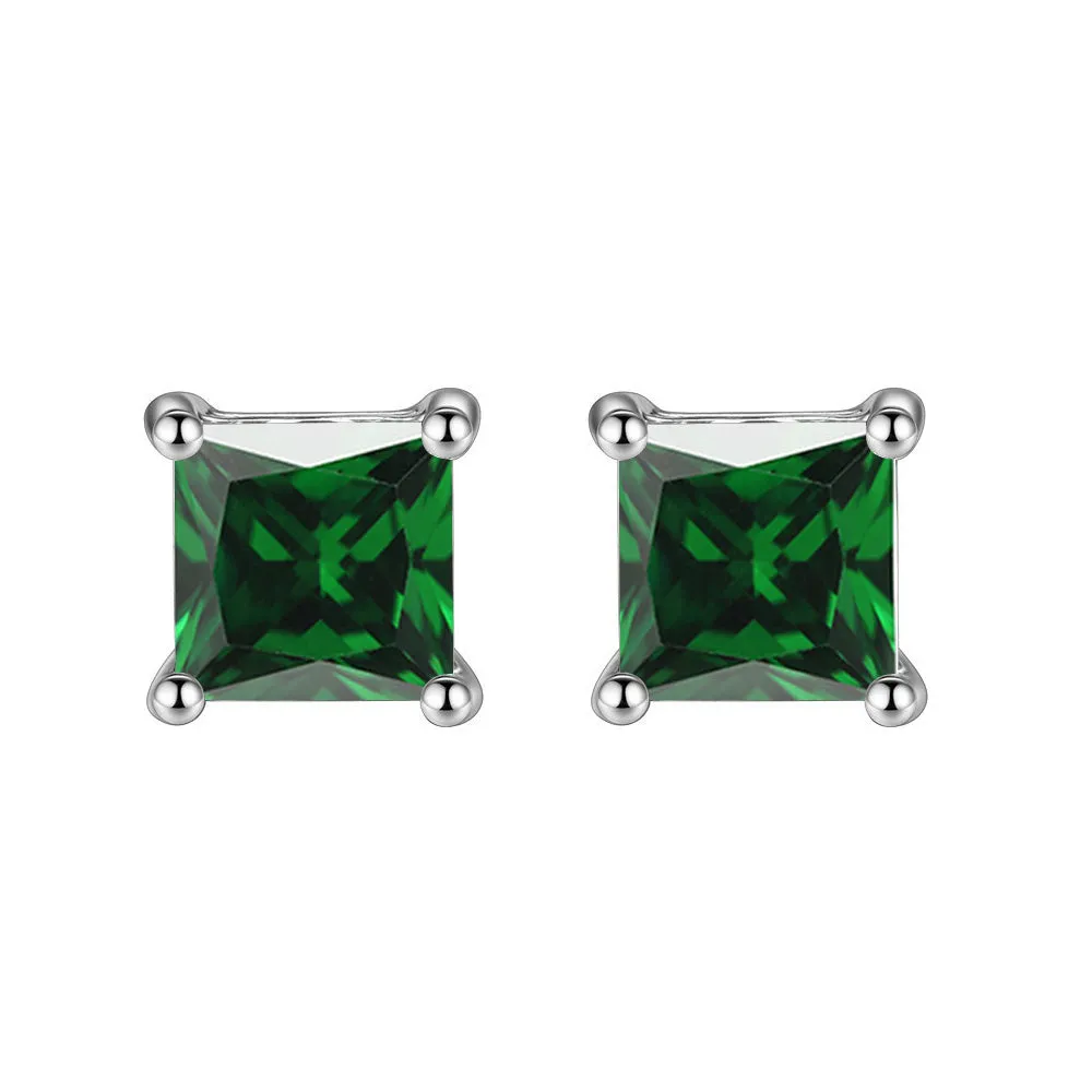 14k White Gold Plated 1 Ct Square Created Emerald Stud Earrings