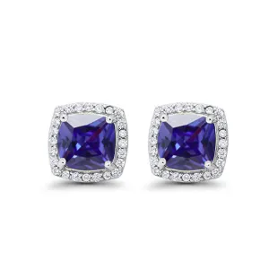 14k White Gold Plated 3 Ct Created Halo Princess Cut Blue Sapphire Stud Earrings