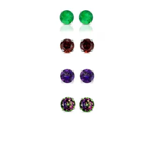 14k White Gold Plated 3Ct Created Emerald, Garnet, Amethyst and Mystic Topaz 4 Pair Round Stud Earrings