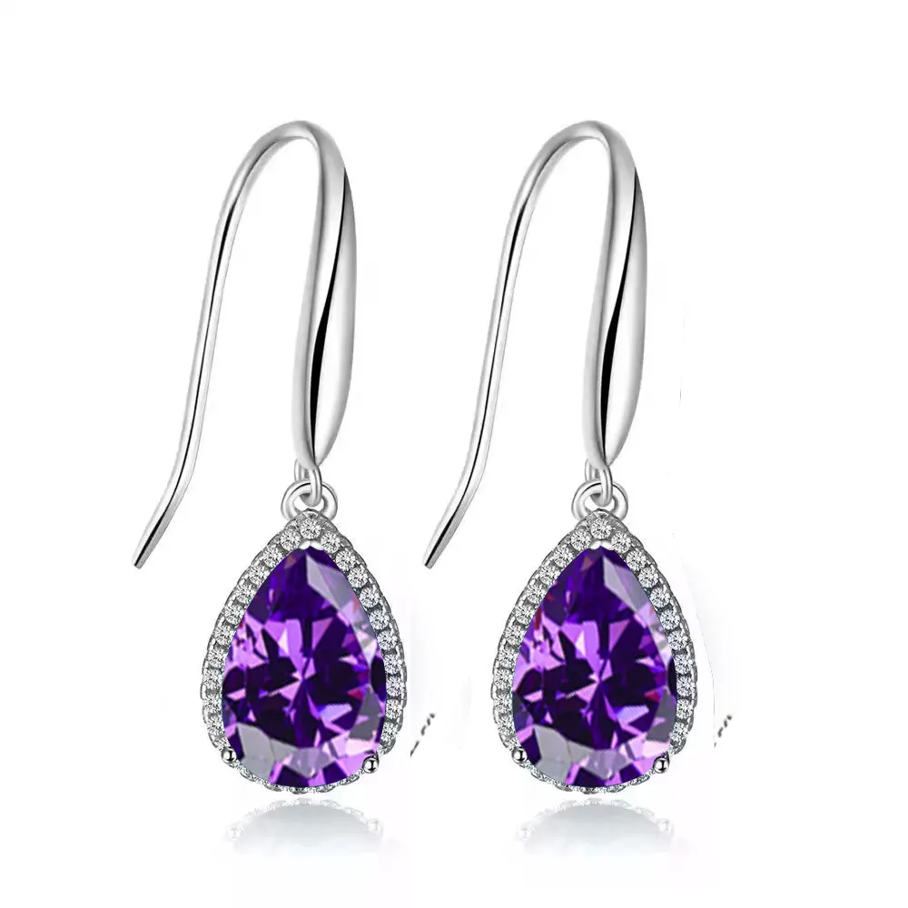 14k White Gold Plated 4 Ct Created Amethyst Teardrop Earrings