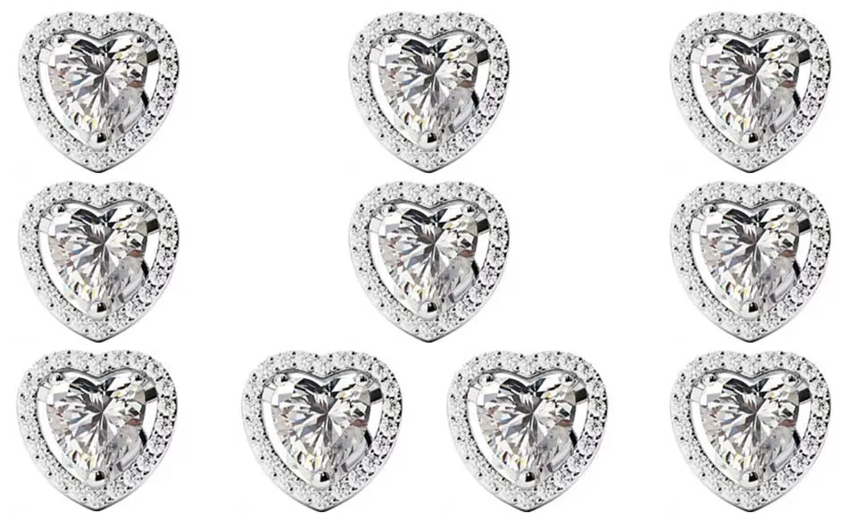 14k White Gold Plated 4Ct Heart White Sapphire Set of Five Halo Stud Earrings