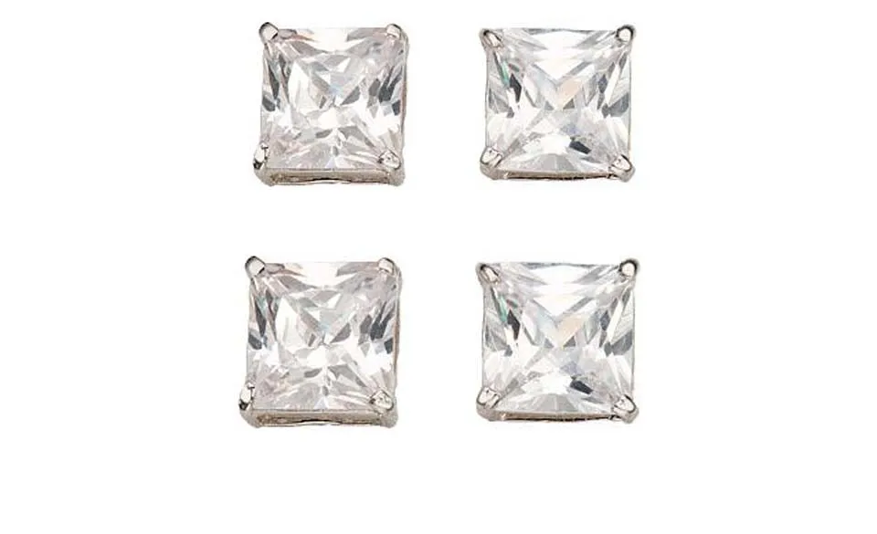 14k White Gold Plated 4Ct Square Cut White Sapphire Set Of Two Stud Earrings