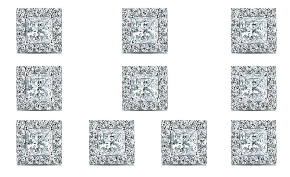 14k White Gold Plated 4mm 2Ct Princess Cut White Sapphire Set of Five Halo Stud Earrings