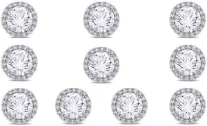 14k White Gold Plated 4mm 4Ct Round White Sapphire Set Of Five Halo Stud Earrings