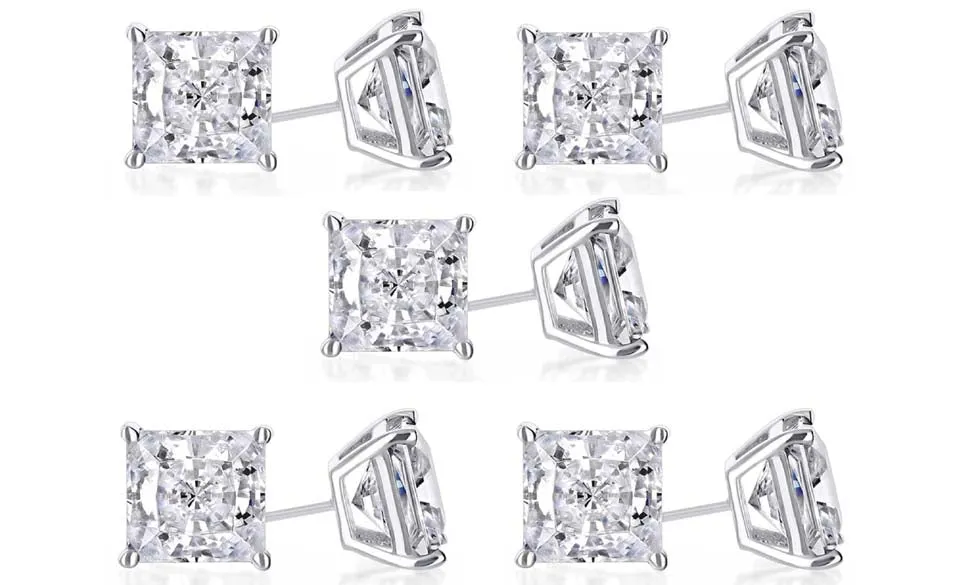 14k White Gold Plated 6mm 1/2Ct Princess Cut White Sapphire Set Of Five Stud Earrings