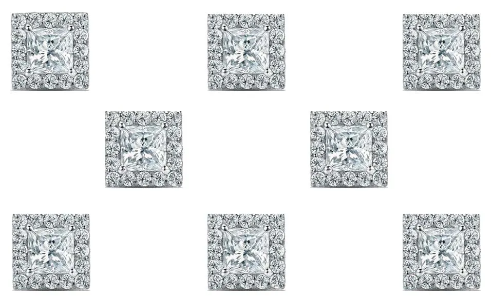 14k White Gold Plated 6mm 1Ct Princess Cut White Sapphire Set of Four Halo Stud Earrings