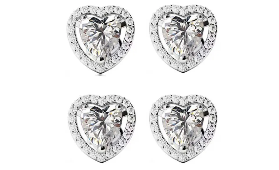 14k White Gold Plated 6mm 4Ct Heart White Sapphire Set of Two Halo Stud Earrings