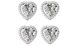 14k White Gold Plated 6mm 4Ct Heart White Sapphire Set of Two Halo Stud Earrings