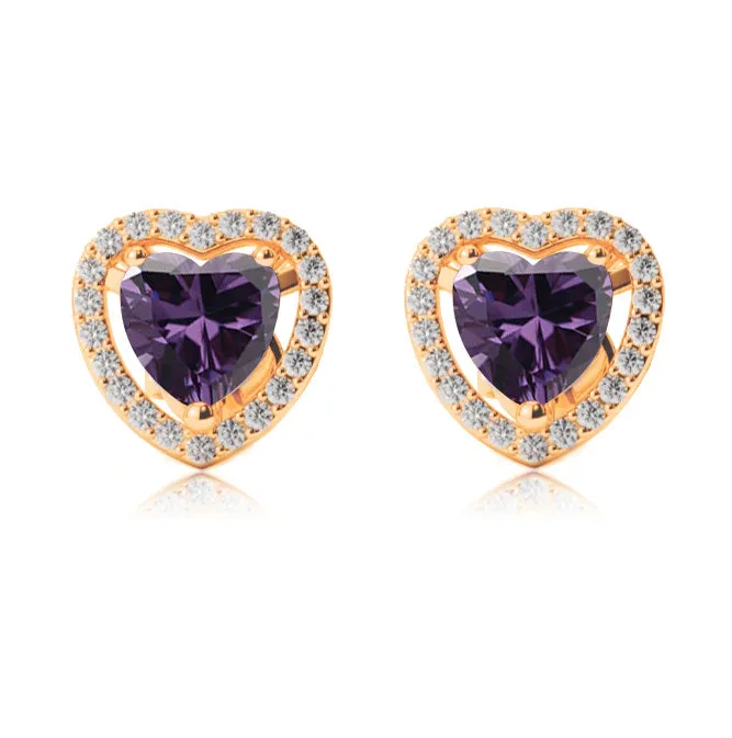 14k Yellow Gold Plated 1/2 Ct Created Halo Heart Amethyst Stud Earrings