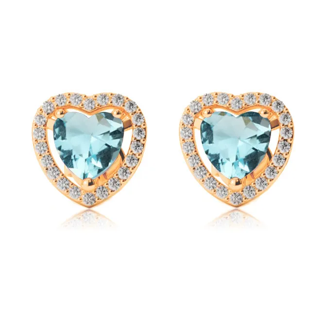 14k Yellow Gold Plated 4 Ct Created Halo Heart Aquamarine Stud Earrings