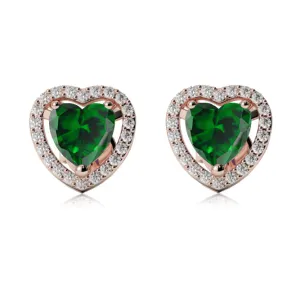 18k Rose Gold Plated 1/2 Ct Created Halo Heart Emerald Stud Earrings