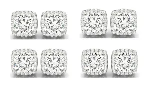 18k White Gold 4mm 1/2Ct Cushion Cut White Sapphire Set Of Four Halo Stud Earrings Plated