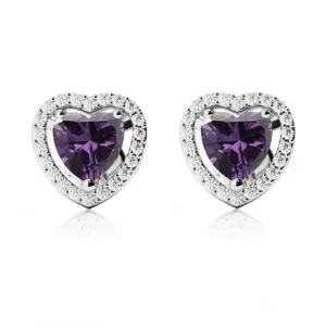 18k White Gold Plated 1 Ct Created Halo Heart Amethyst Stud Earrings