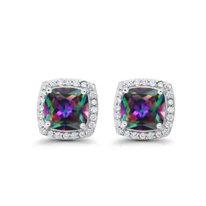 18k White Gold Plated 1/2 Ct Created Halo Princess Cut Mystic Topaz Stud Earrings