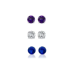 18k White Gold Plated 1/2Ct Created Amethyst, White Sapphire and Blue Sapphire 3 Pair Round Stud Earrings