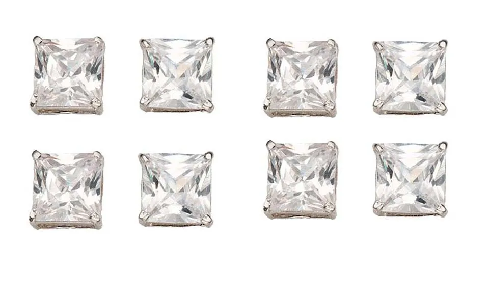 18k White Gold Plated 1/2Ct Square Cut White Sapphire Set Of Four Stud Earrings