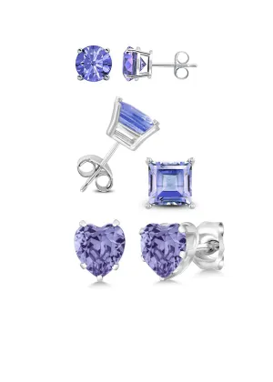 18k White Gold Plated 1/4Cttw 4mm Created Tanzanite 3 Pair Round, Square and Heart Stud Earrings