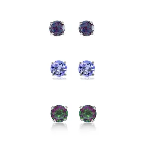 18k White Gold Plated 1Ct Created Alexandrite, Tanzanite and Mystic Topaz 3 Pair Round Stud Earrings