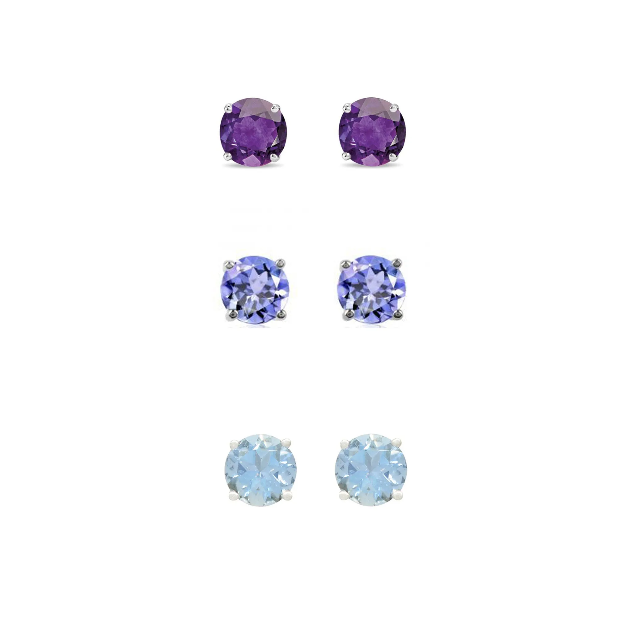 18k White Gold Plated 1Ct Created Amethyst, Tanzanite and Aquamarine 3 Pair Round Stud Earrings