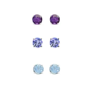 18k White Gold Plated 1Ct Created Amethyst, Tanzanite and Aquamarine 3 Pair Round Stud Earrings