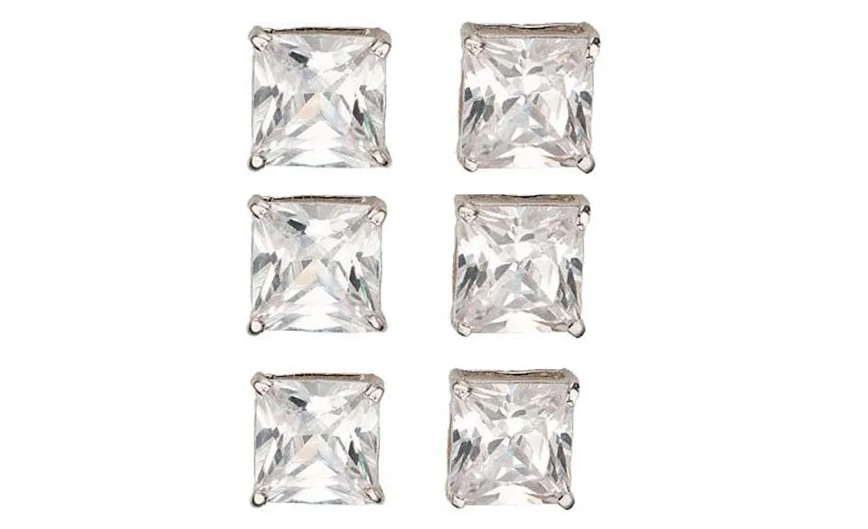 18k White Gold Plated 1Ct Square Cut White Sapphire Set Of Three Stud Earrings