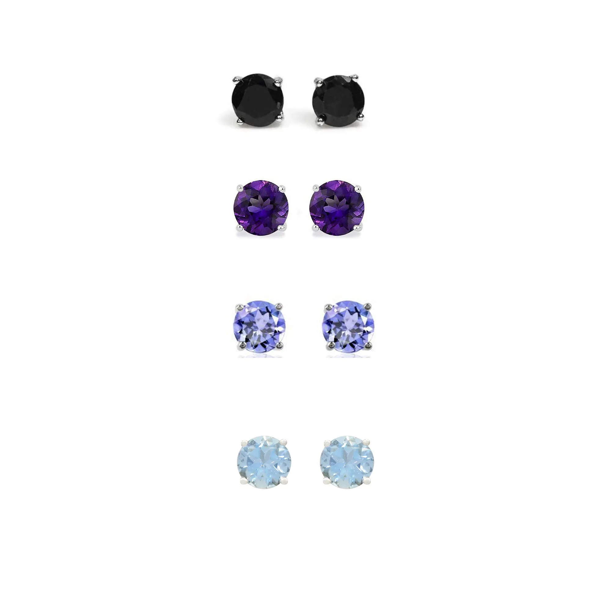 18k White Gold Plated 2Ct Created Black Sapphire, Amethyst, Tanzanite and Aquamarine 4 Pair Round Stud Earrings