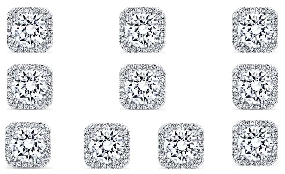 18k White Gold Plated 2Ct Square Cut White Sapphire Set of Five Halo Stud Earrings