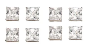 18k White Gold Plated 2Ct Square Cut White Sapphire Set Of Four Stud Earrings