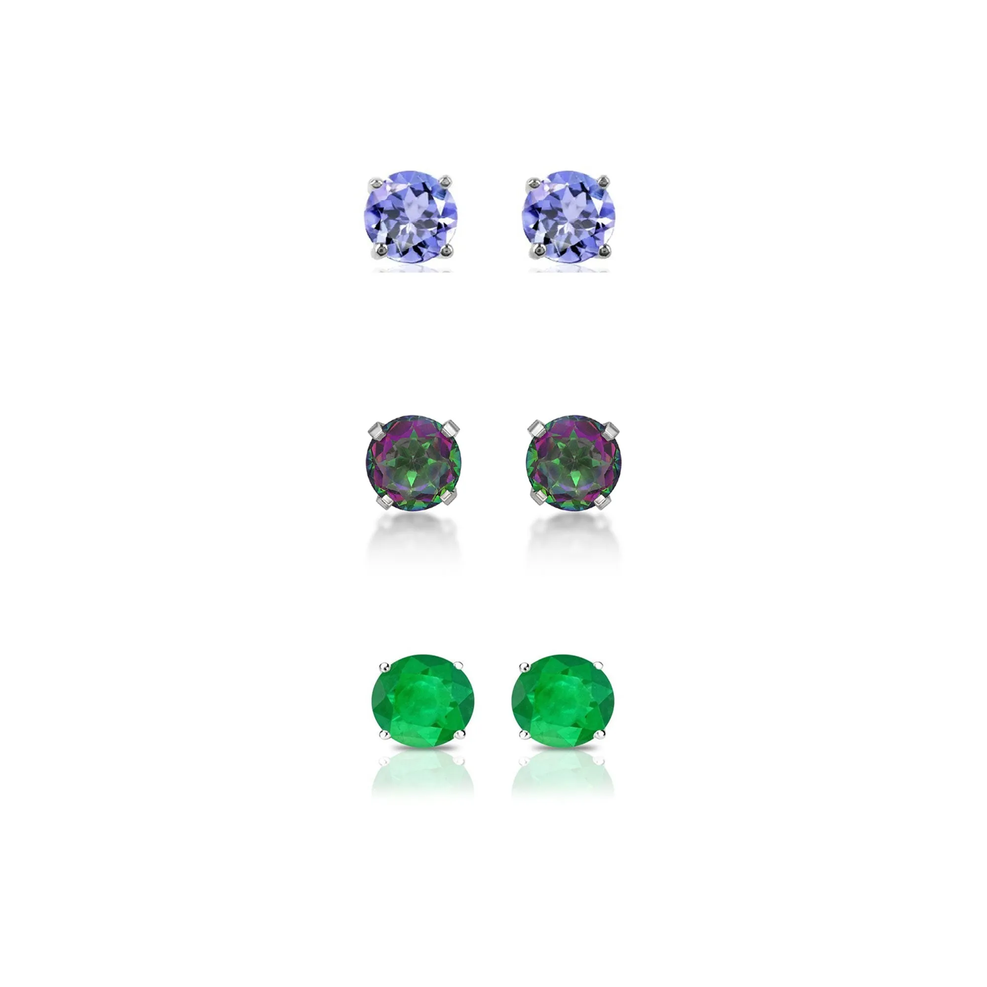 18k White Gold Plated 4Ct Created Tanzanite, Mystic Topaz and Emerald 3 Pair Round Stud Earrings