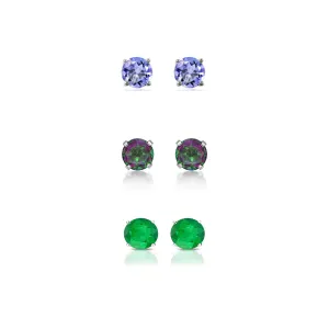 18k White Gold Plated 4Ct Created Tanzanite, Mystic Topaz and Emerald 3 Pair Round Stud Earrings