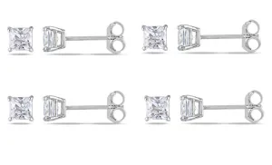 18k White Gold Plated Created White Sapphire 2Ct Square Cut Set of Four Stud Earrings