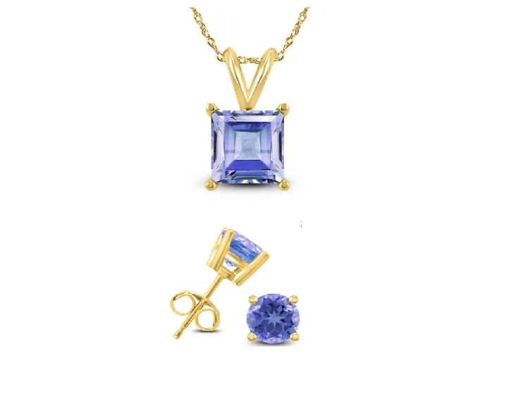 18K Yellow Gold 3ct Tanzanite Square 18 Inch Necklace and Round Earrings Set Plated