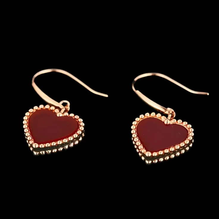 18k Yellow Gold Natural Red Agate Heart Drop Earrings