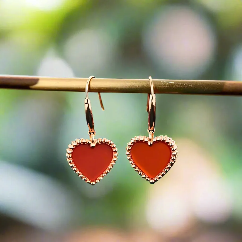 18k Yellow Gold Natural Red Agate Heart Drop Earrings