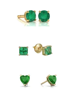 18k Yellow Gold Plated 3Cttw 8mm Created Emerald 3 Pair Round, Square and Heart Stud Earrings