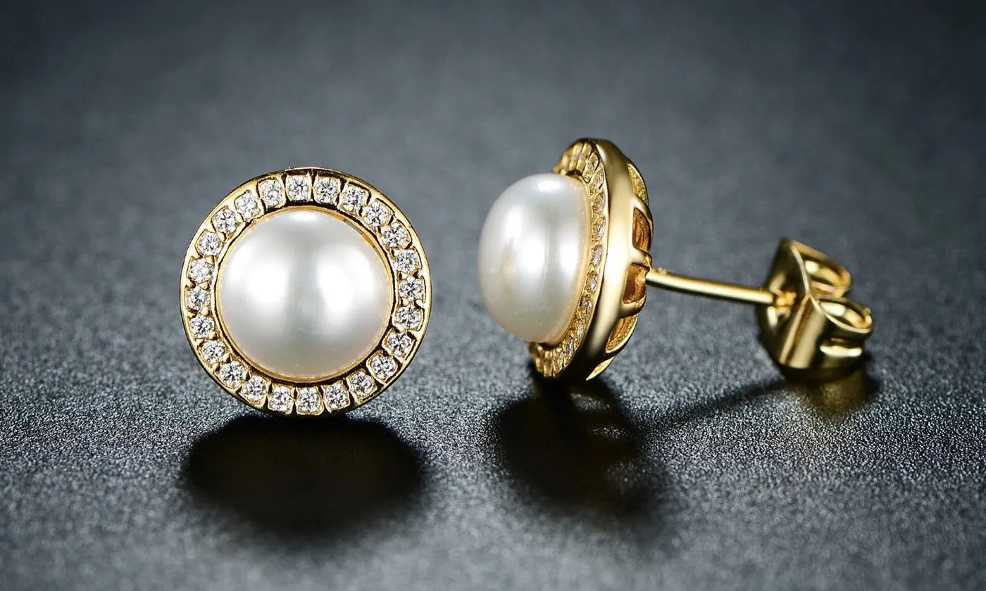 18K Yellow Gold Plated White Freshwater Pearl Halo Round 3 CT Stud Earrings