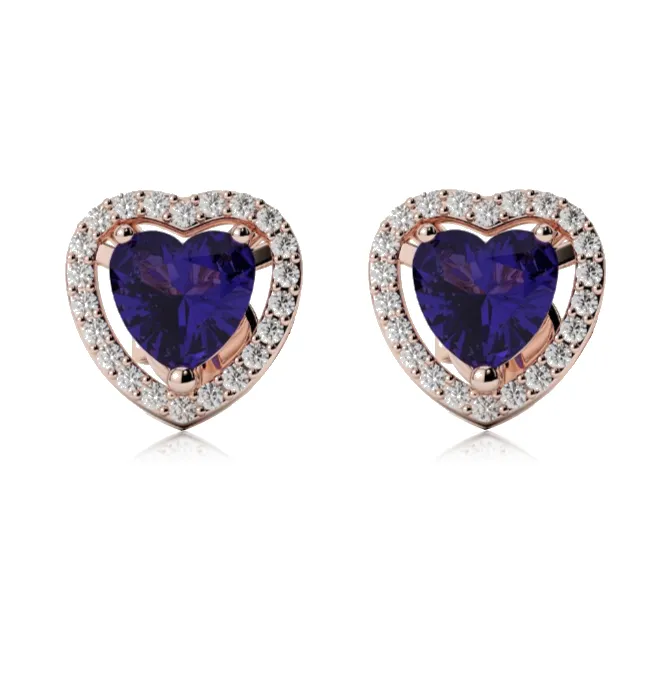 24k Rose Gold Plated 4 Ct Created Halo Heart Blue Sapphire Stud Earrings