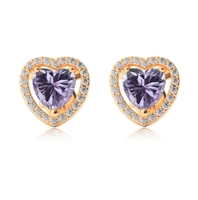 24k Yellow Gold Plated 2 Ct Created Halo Heart Tanzanite Stud Earrings