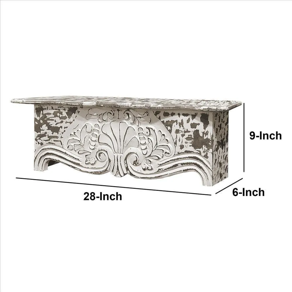 28 Inch Handcrafted Floating Wall Shelf, Ornate Carved Wood With Engraved Floral Details, Distressed White By The Urban Port