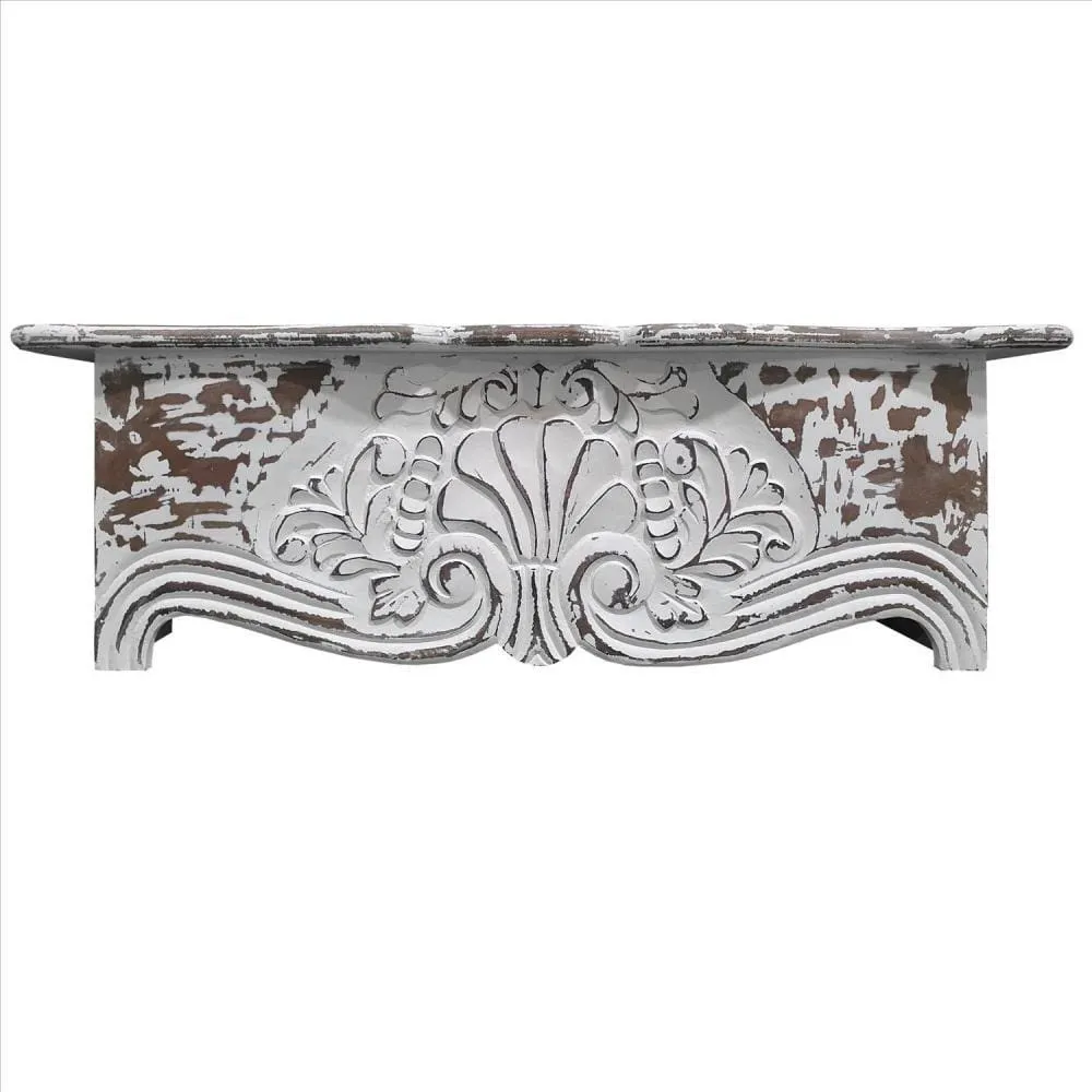 28 Inch Handcrafted Floating Wall Shelf, Ornate Carved Wood With Engraved Floral Details, Distressed White By The Urban Port