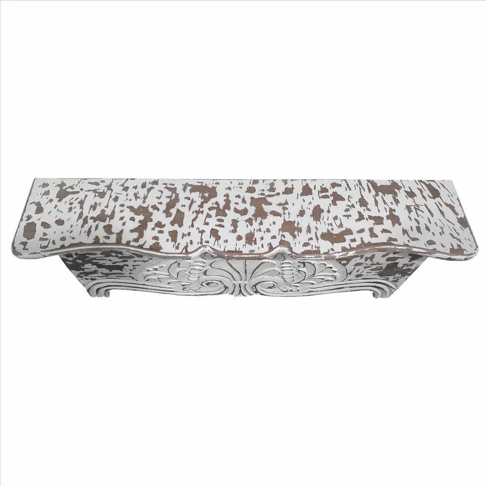 28 Inch Handcrafted Floating Wall Shelf, Ornate Carved Wood With Engraved Floral Details, Distressed White By The Urban Port