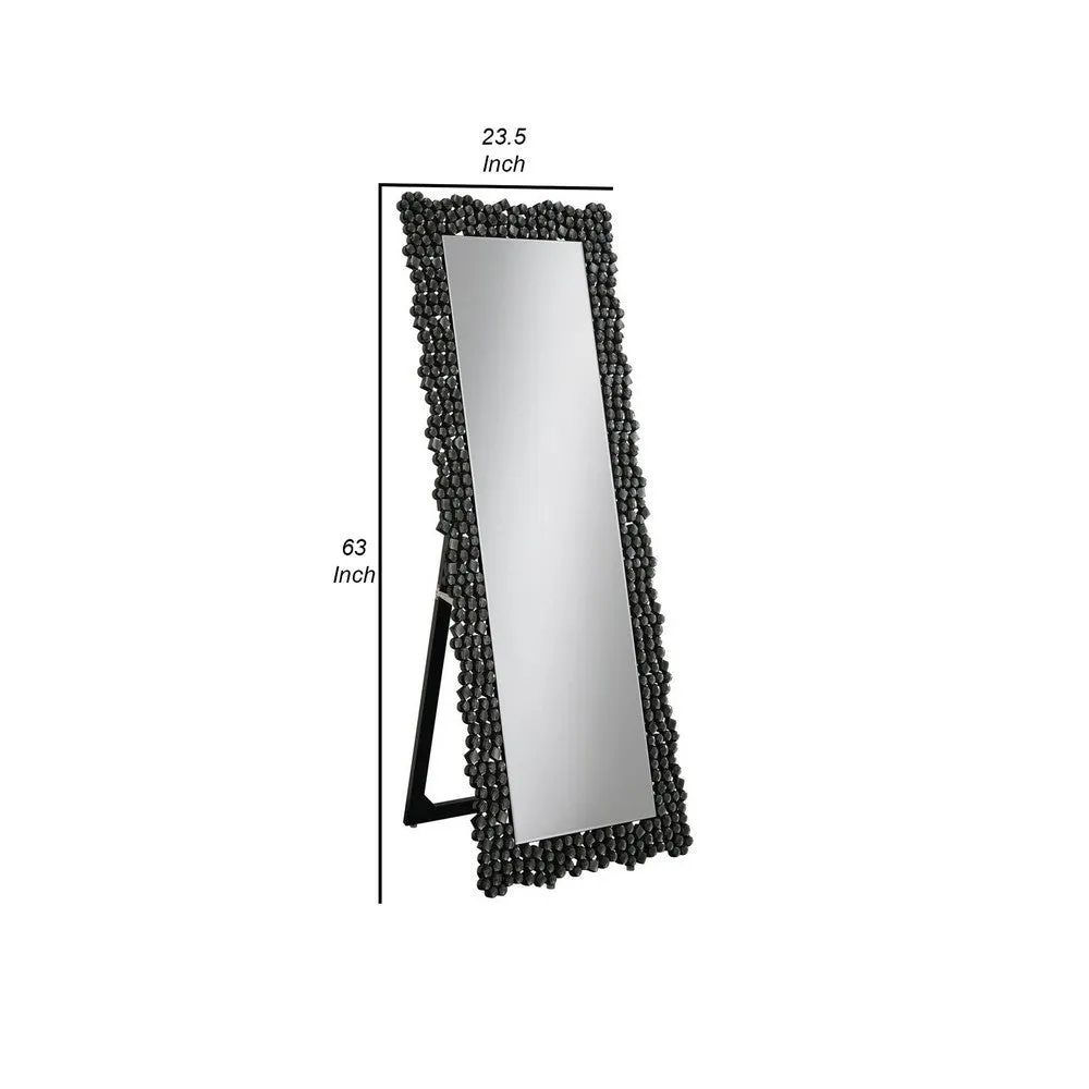 63 Inch Classic Portrait Floor Mirror, Rhinestone Inlay, Cheval, Black By Casagear Home