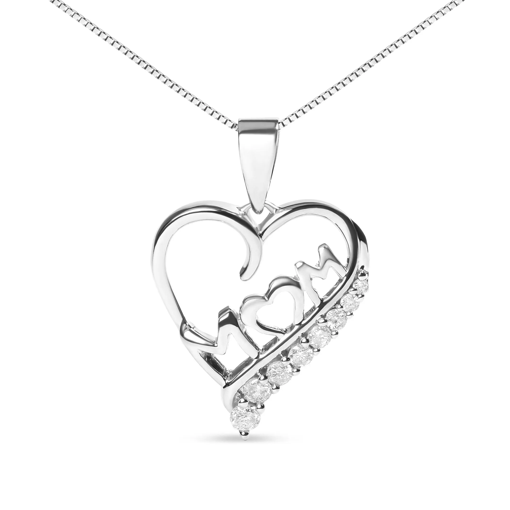 .925 Sterling Silver 1/4 Cttw Diamond  "Mom" and Open Heart 18" Pendant Necklace (I-J Color, I2-I3 Clarity)