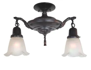 Antique Circa 1920 Two Light, Edwardian Flush Mount Pan Fixture with Cast Ovid Scroll Arms and Antique Nuart Shades