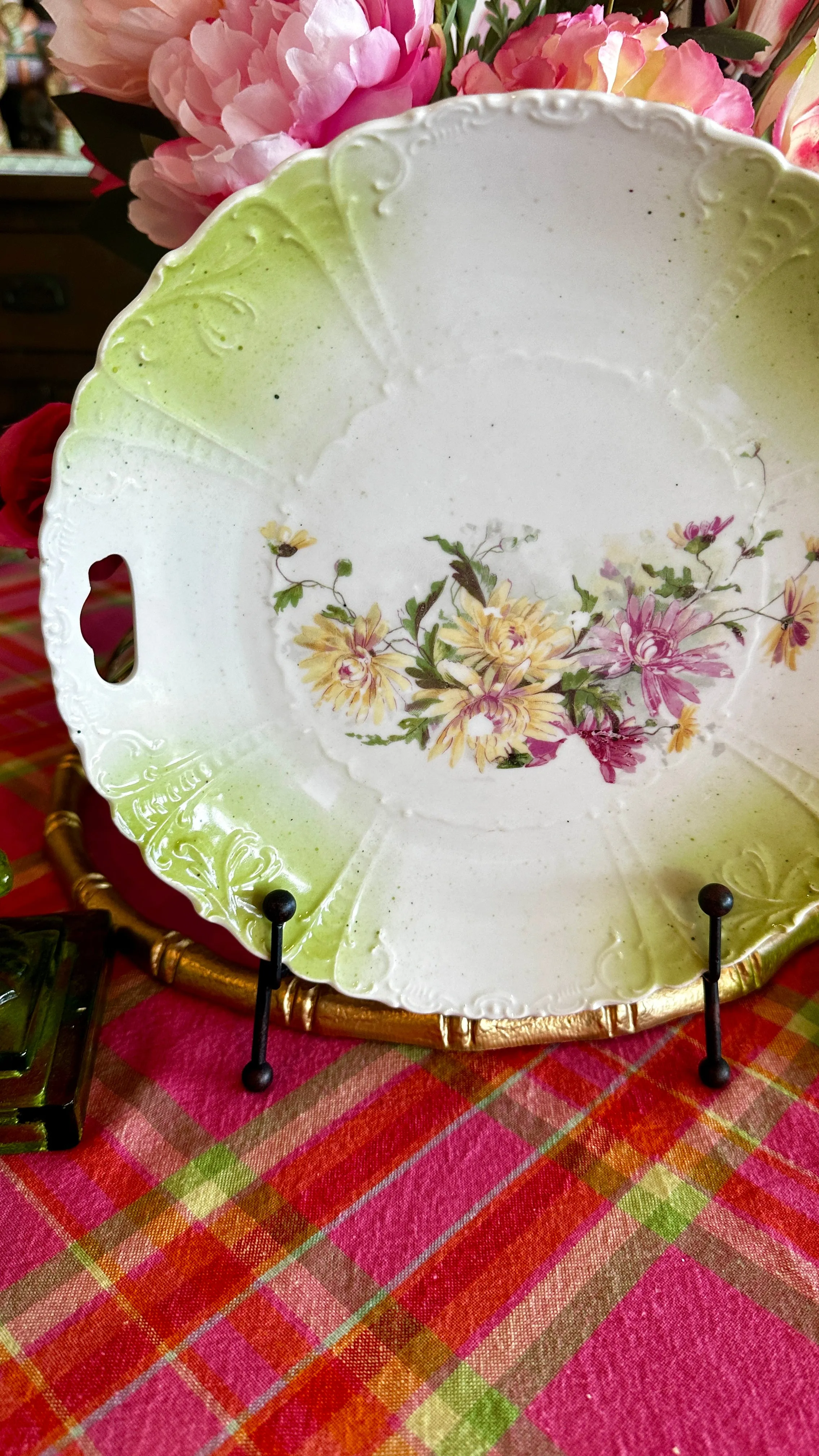 Antique Floral Plate White, Lime Green Floral, Handles, Decorative