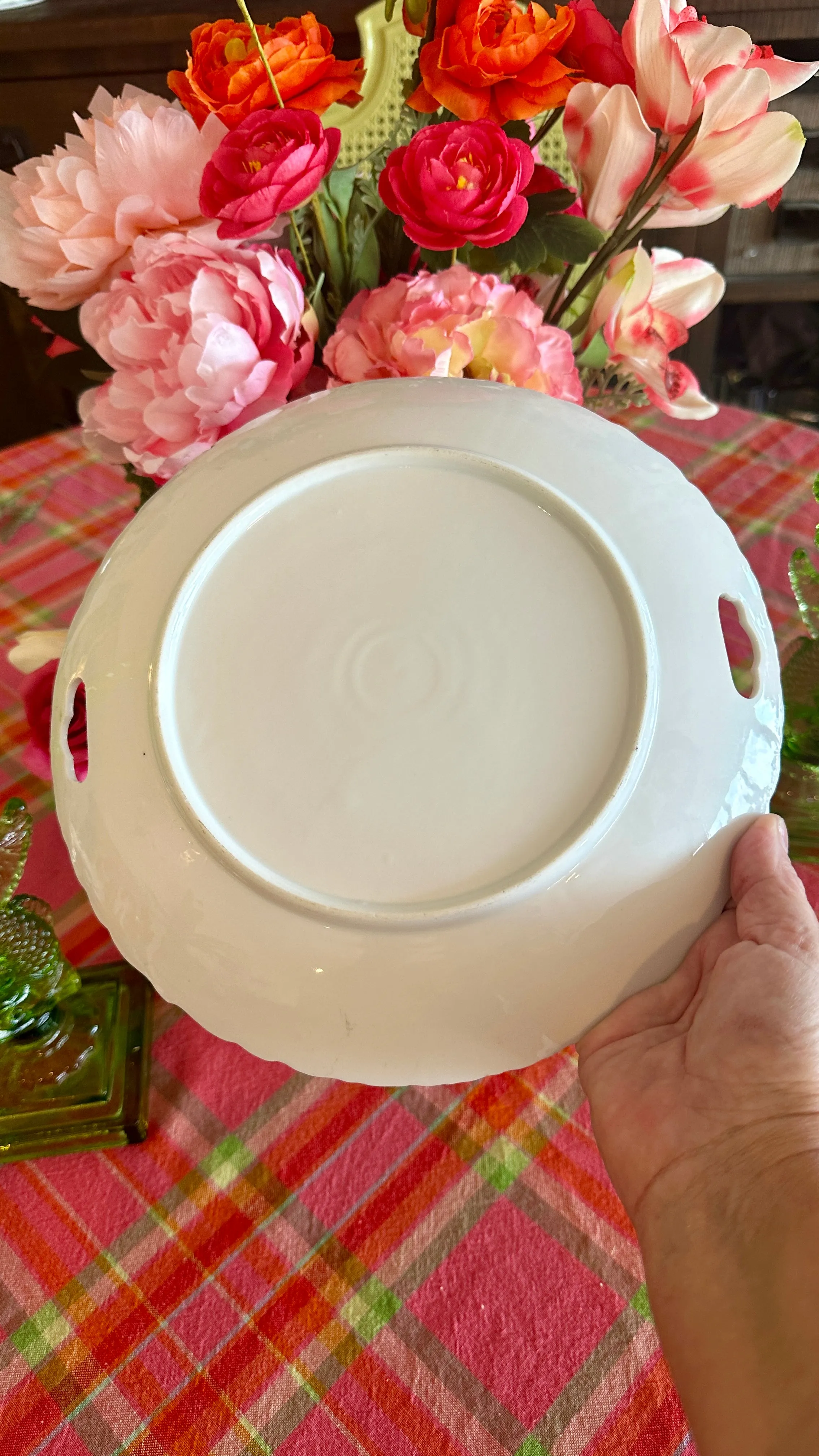 Antique Floral Plate White, Lime Green Floral, Handles, Decorative