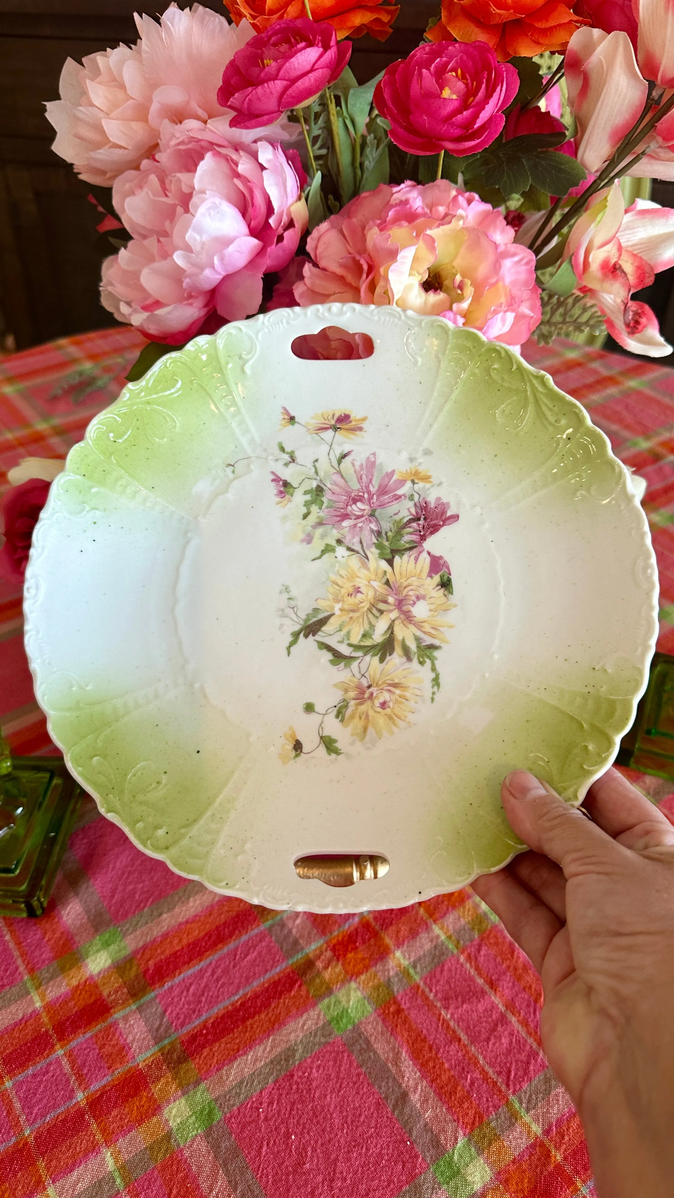 Antique Floral Plate White, Lime Green Floral, Handles, Decorative