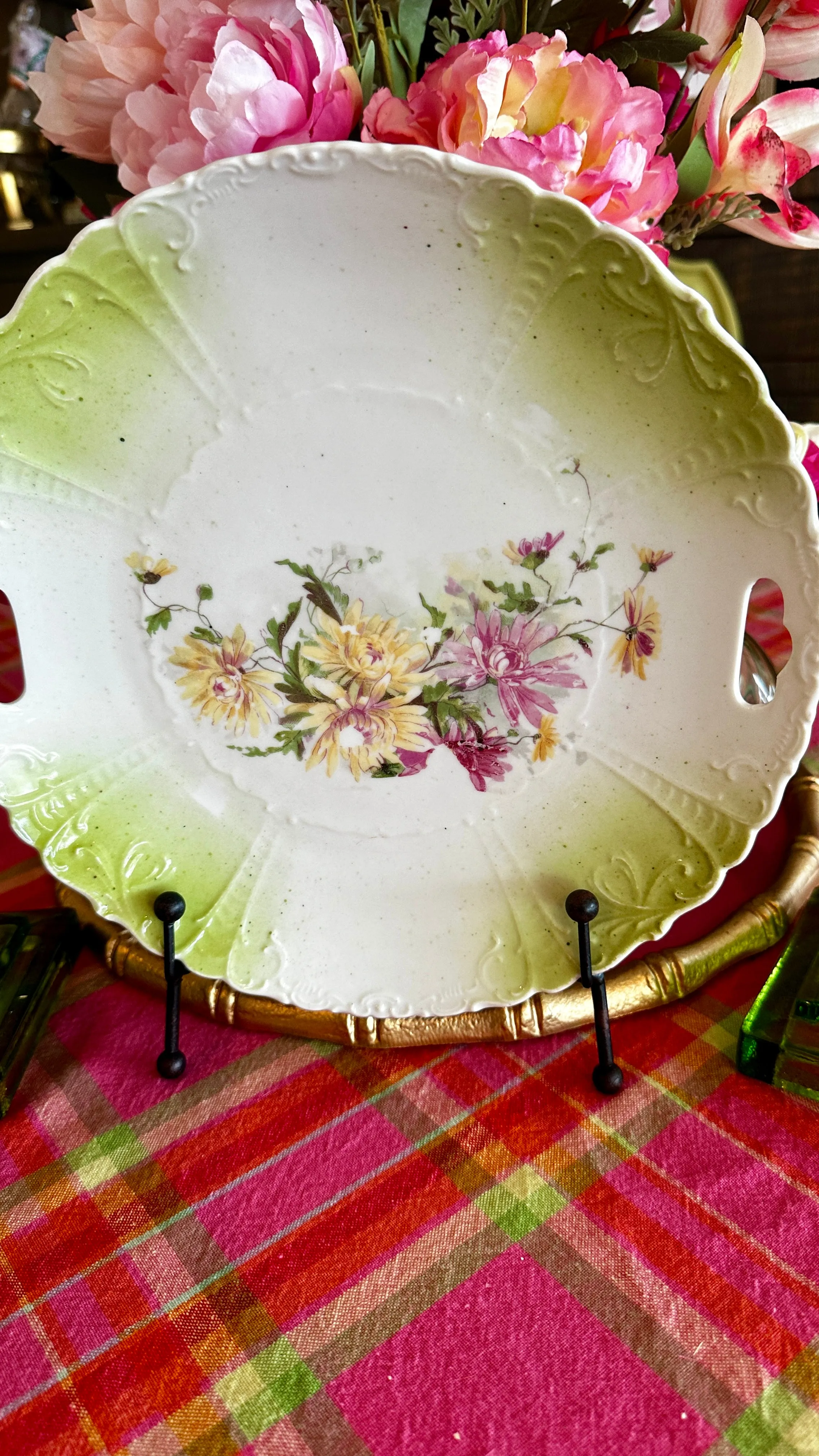 Antique Floral Plate White, Lime Green Floral, Handles, Decorative